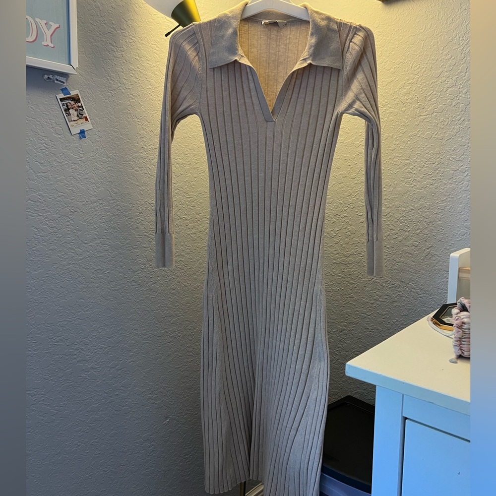 Loft Petite Elegant Cream Ribbed Knit Dress